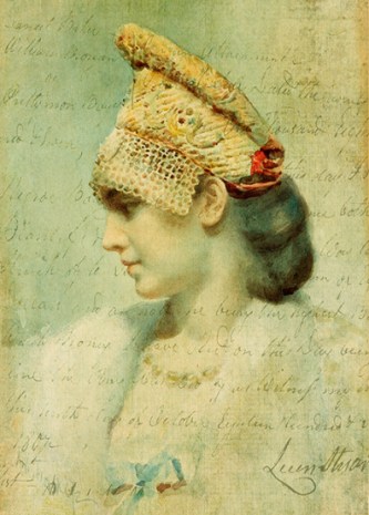 ‘Girl Wearing a Kokoshnik in Profile’ is a Leon Bakst painting in a private collection, which I downloaded from Wikimedia and blended with a handwritten document, also from Wikimedia, and a texture from Kerstin Frank. Original & vintage art © First Night Design [www.firstnightdesign.wordpress.com]