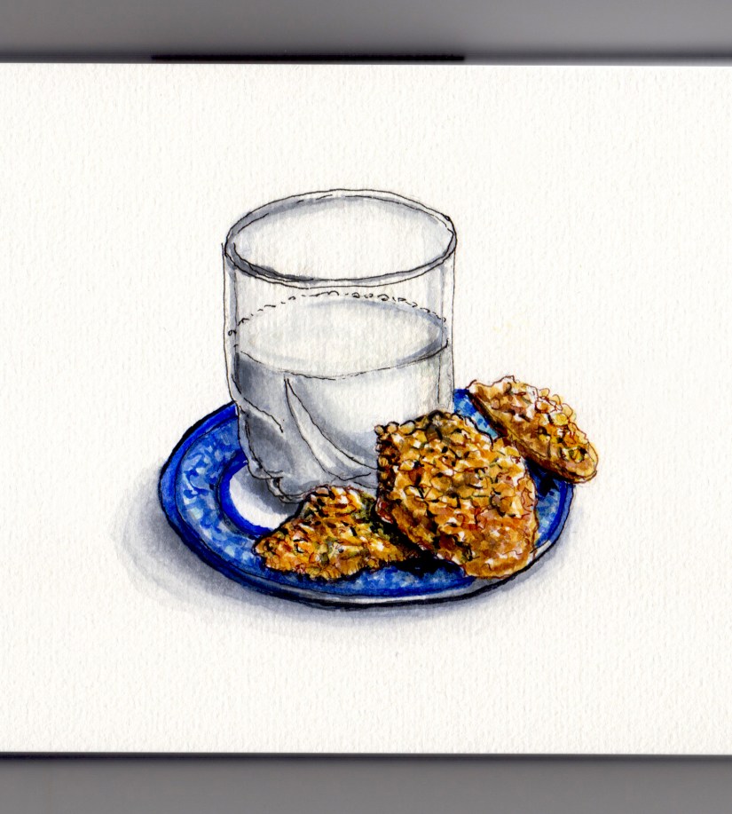 National Oatmeal Cookie Day Doodlewash and watercolor sketch of oatmeal cookies with a glass of milk on a plate white background