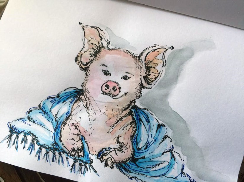 Pig In A Blanket - Original Watercolor ©Carolina Russo