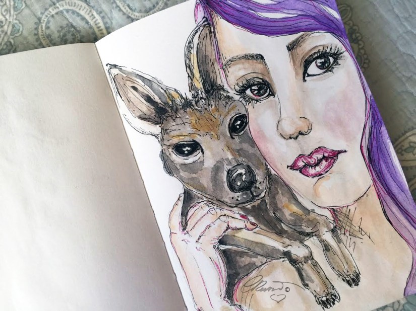 Kangaroo with Girl - Original Watercolor ©Carolina Russo