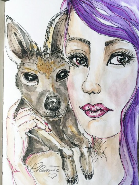 Kangaroo with Girl - Original Watercolor ©Carolina Russo
