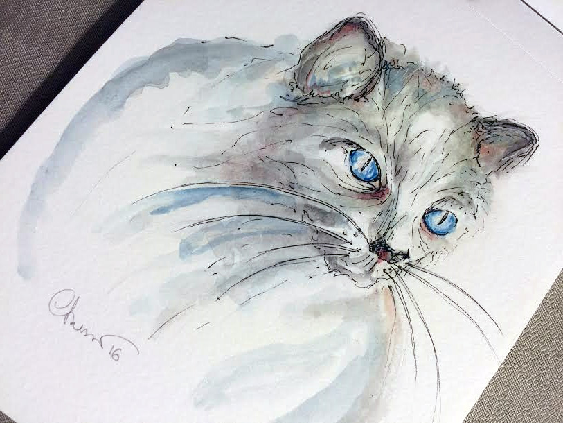 Day #18 - Blue Eyed Cat - Original Watercolor ©Carolina Russo