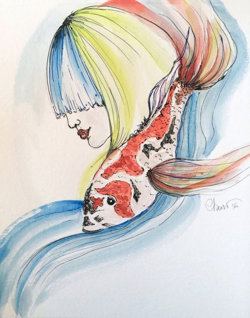 Day #7 - Girl With Koi - Original Watercolor ©Carolina Russo