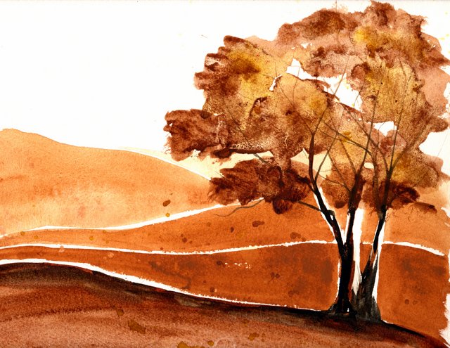 monochromatic-fall-landscape-raw-and-burnt-sienna-quin-gold-10x12-300lb-fabriano-artistico