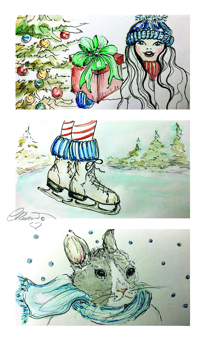 Gift Day 25 - Ice Skates Day 26 - Scarf Day 27 Original Watercolor ©Carolina Russo