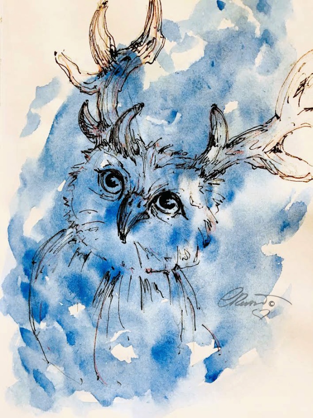 Blue Owl - Original Watercolor Ink Sketch ©Carolina Russo