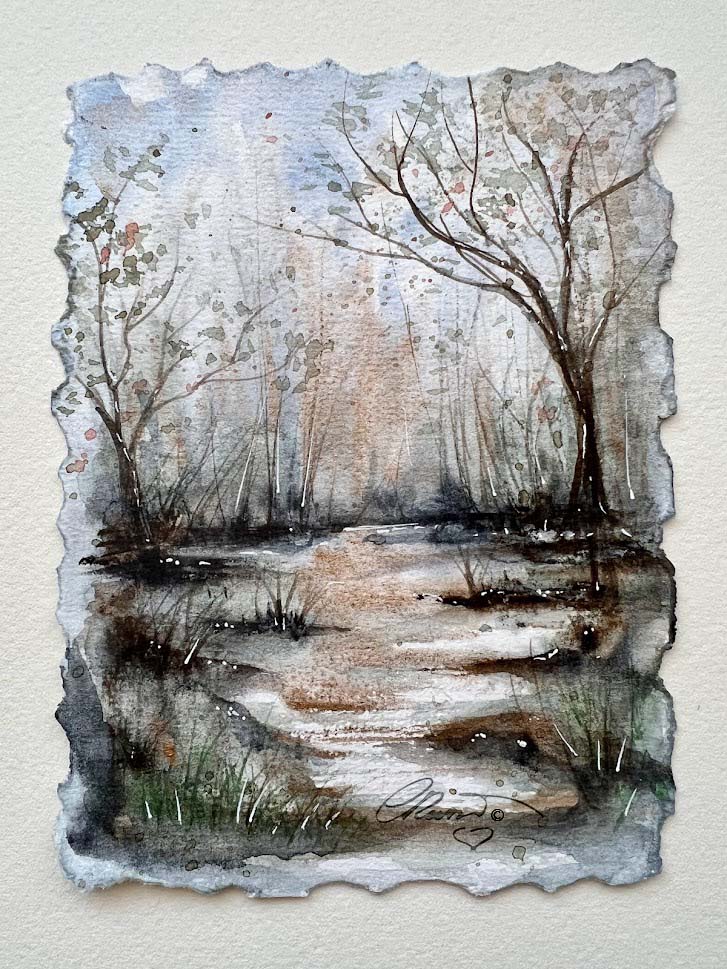 A serene watercolor landscape depicting a winding path through a forest with delicate trees, soft colors, and a tranquil atmosphere.