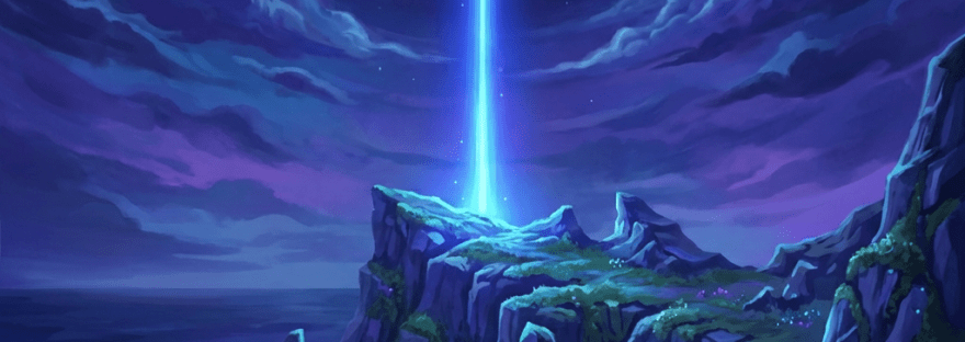 Mystical blue light beam shining from rocky cliffs into a dark, cloudy night sky.