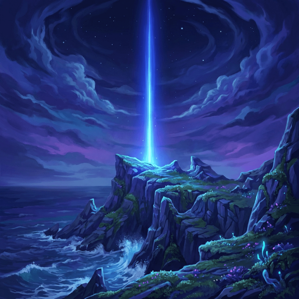 Mystical blue light beam shining from rocky cliffs into a dark, cloudy night sky.