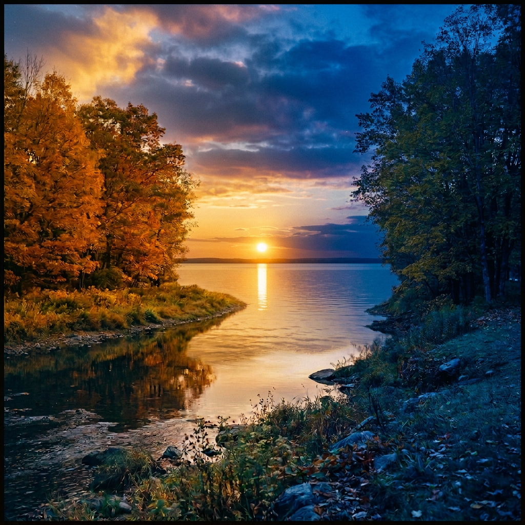 Autumn river winding through golden trees beneath distant hills